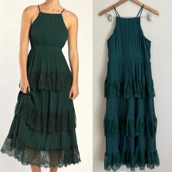 Came For Cocktails Emerald Green Pleated Tiered Lace Maxi Dress - Picture 1 of 8